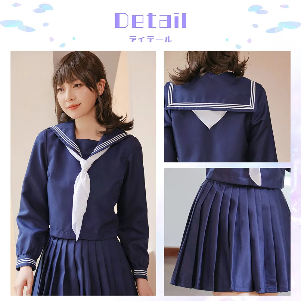 Navy blue long-sleeved sailor uniform with a pure white scarf