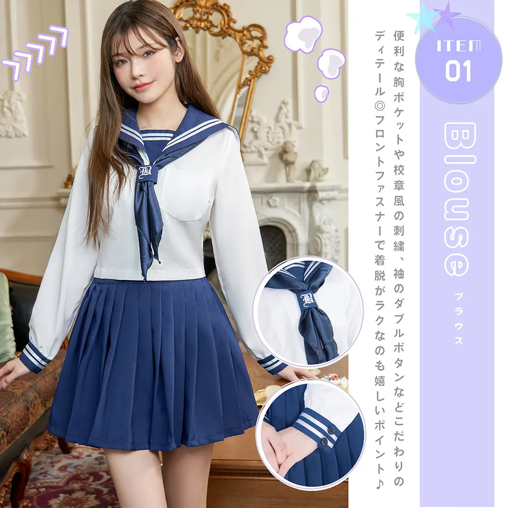 Pure white x navy long-sleeved sailor suit