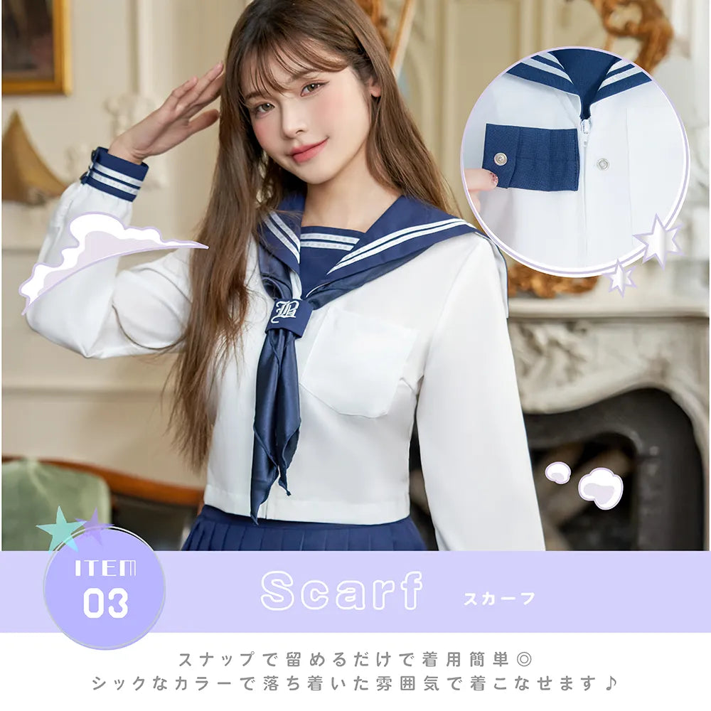 Pure white x navy long-sleeved sailor suit
