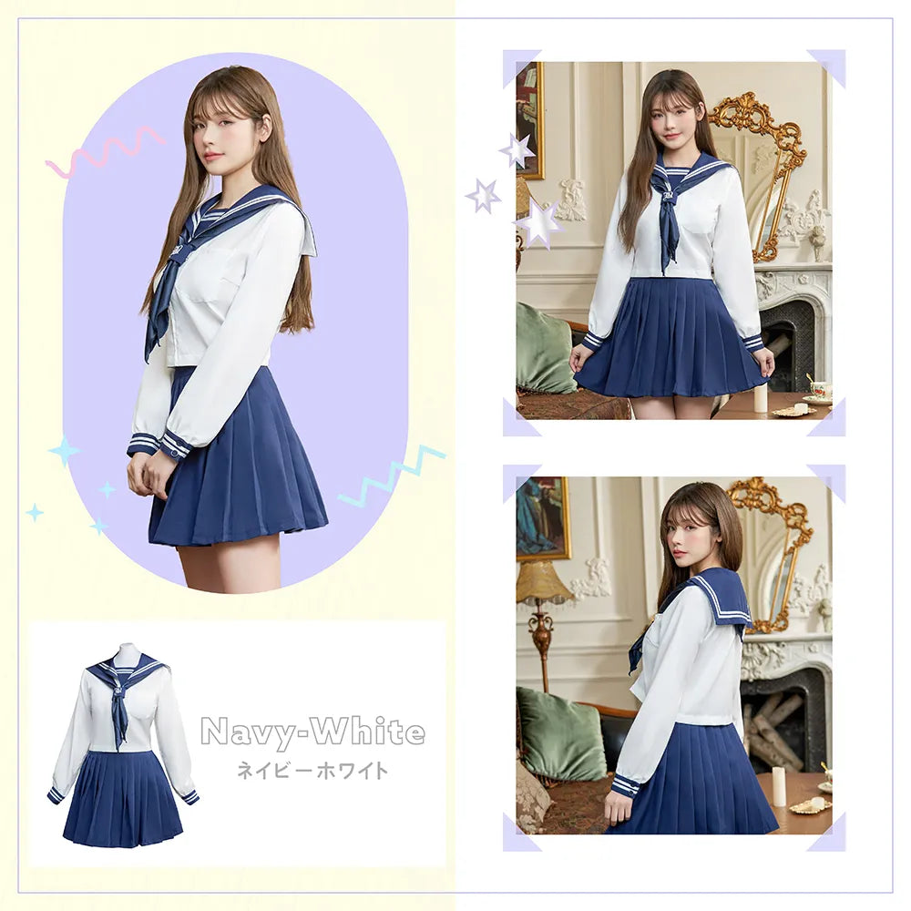 Pure white x navy long-sleeved sailor suit