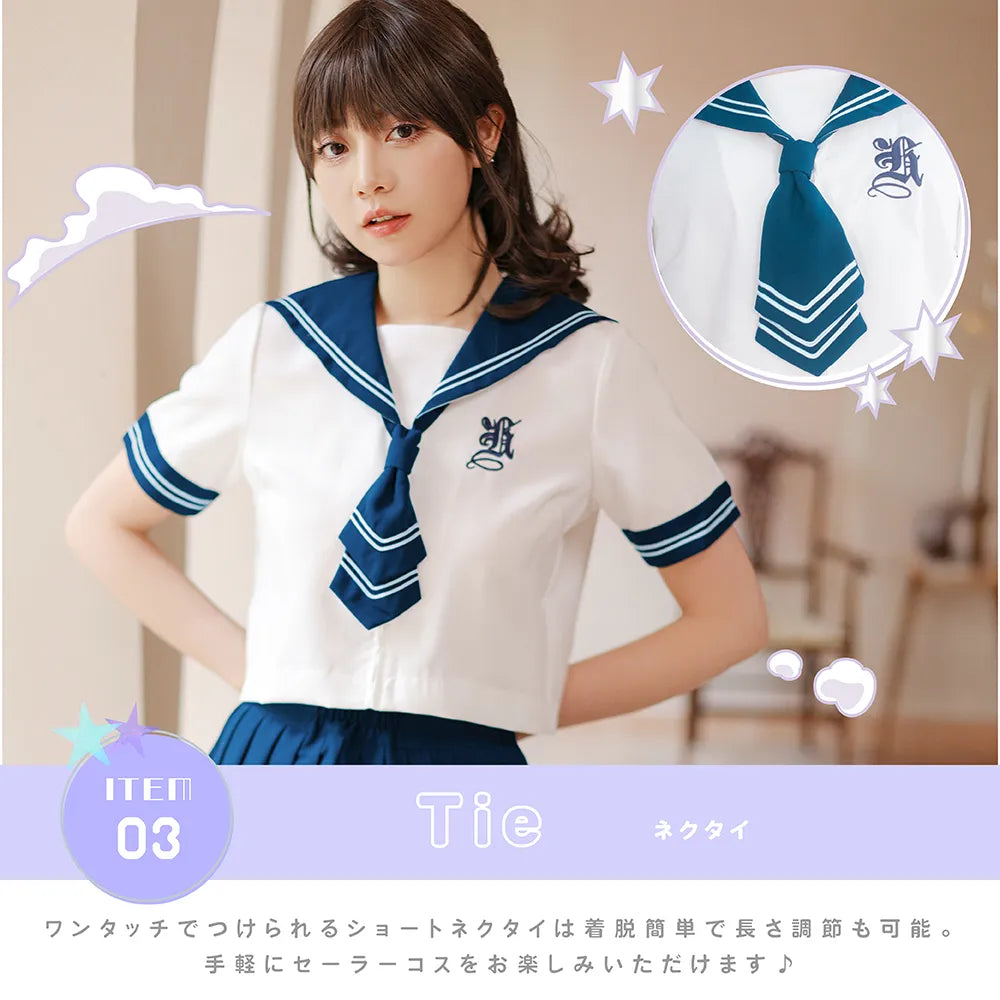 White and navy short-sleeved sailor suit with tie