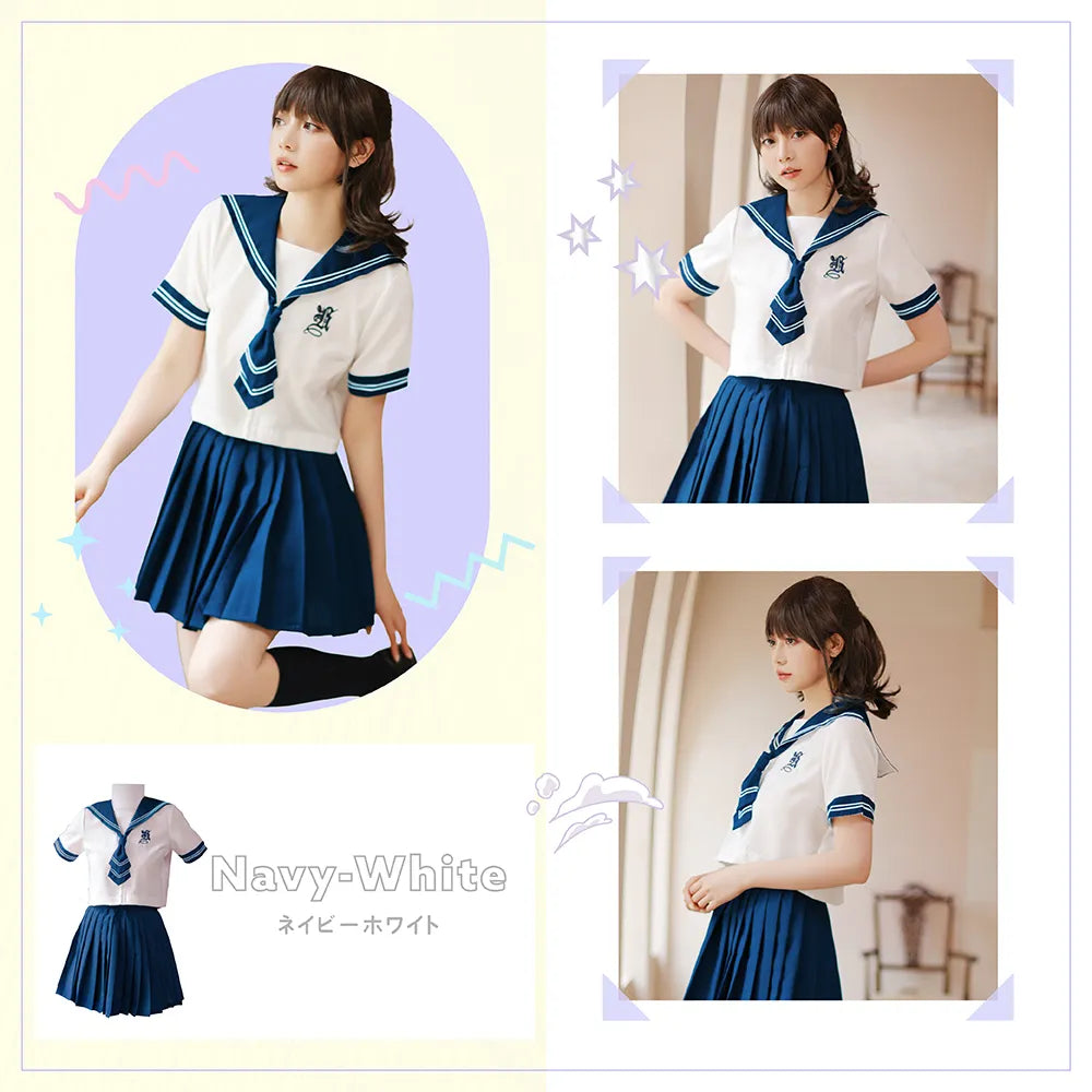 White and navy short-sleeved sailor suit with tie