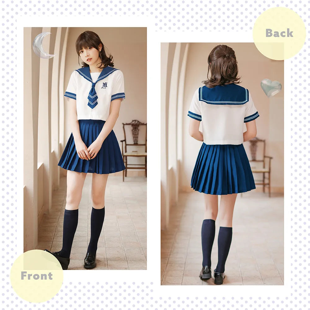 White and navy short-sleeved sailor suit with tie