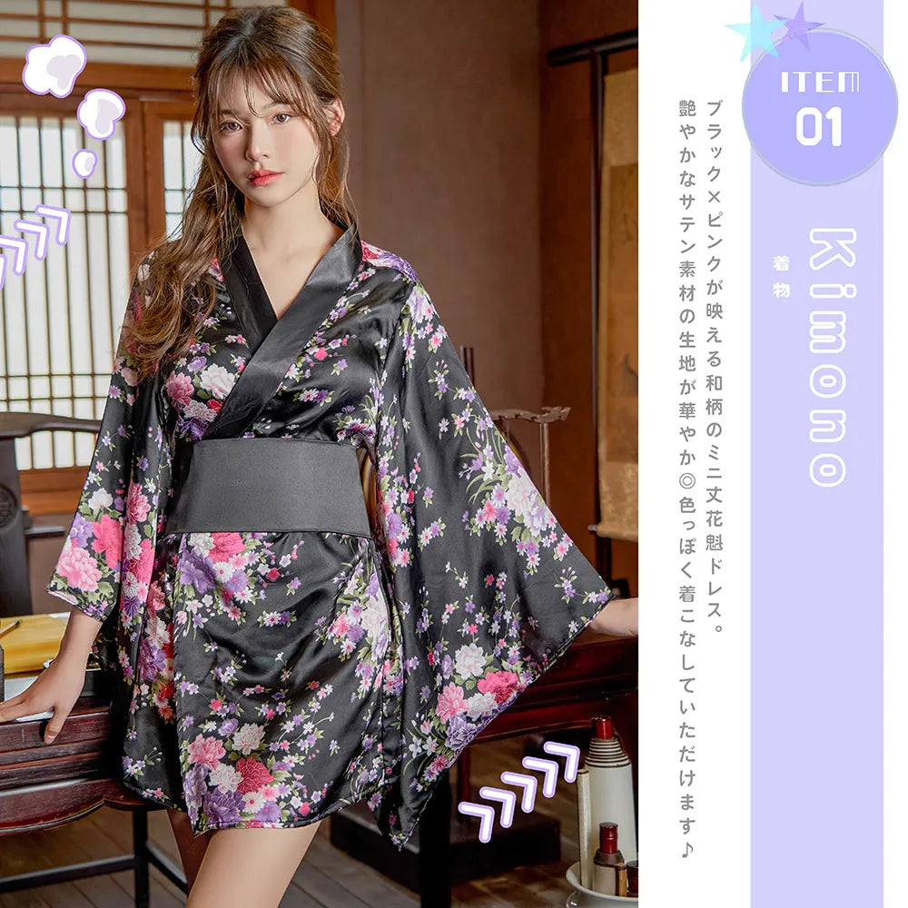 Glossy oiran-style miniature kimono with obi