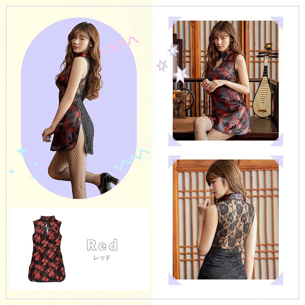 赤×黒レース ミニ丈チャイナドレス