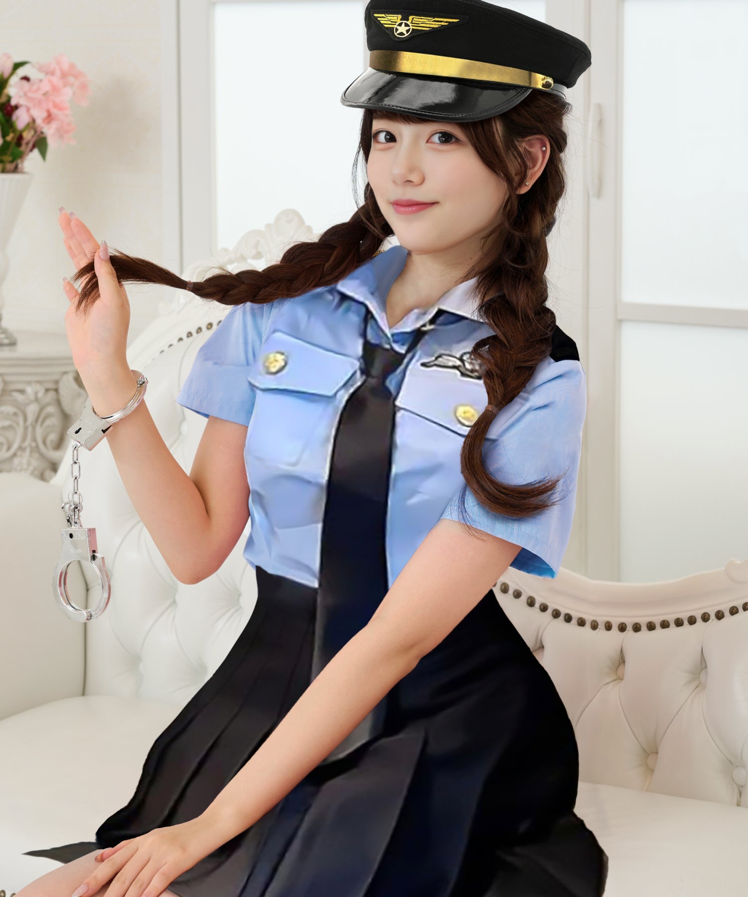 サックスブルー×ブラックのプリーツスカートポリス