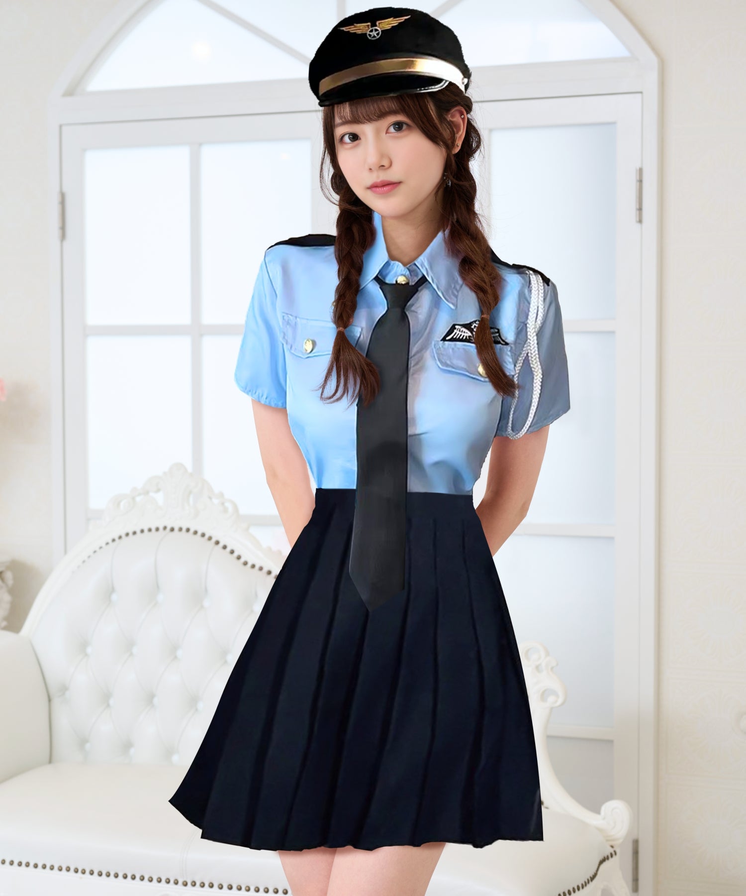 サックスブルー×ブラックのプリーツスカートポリス