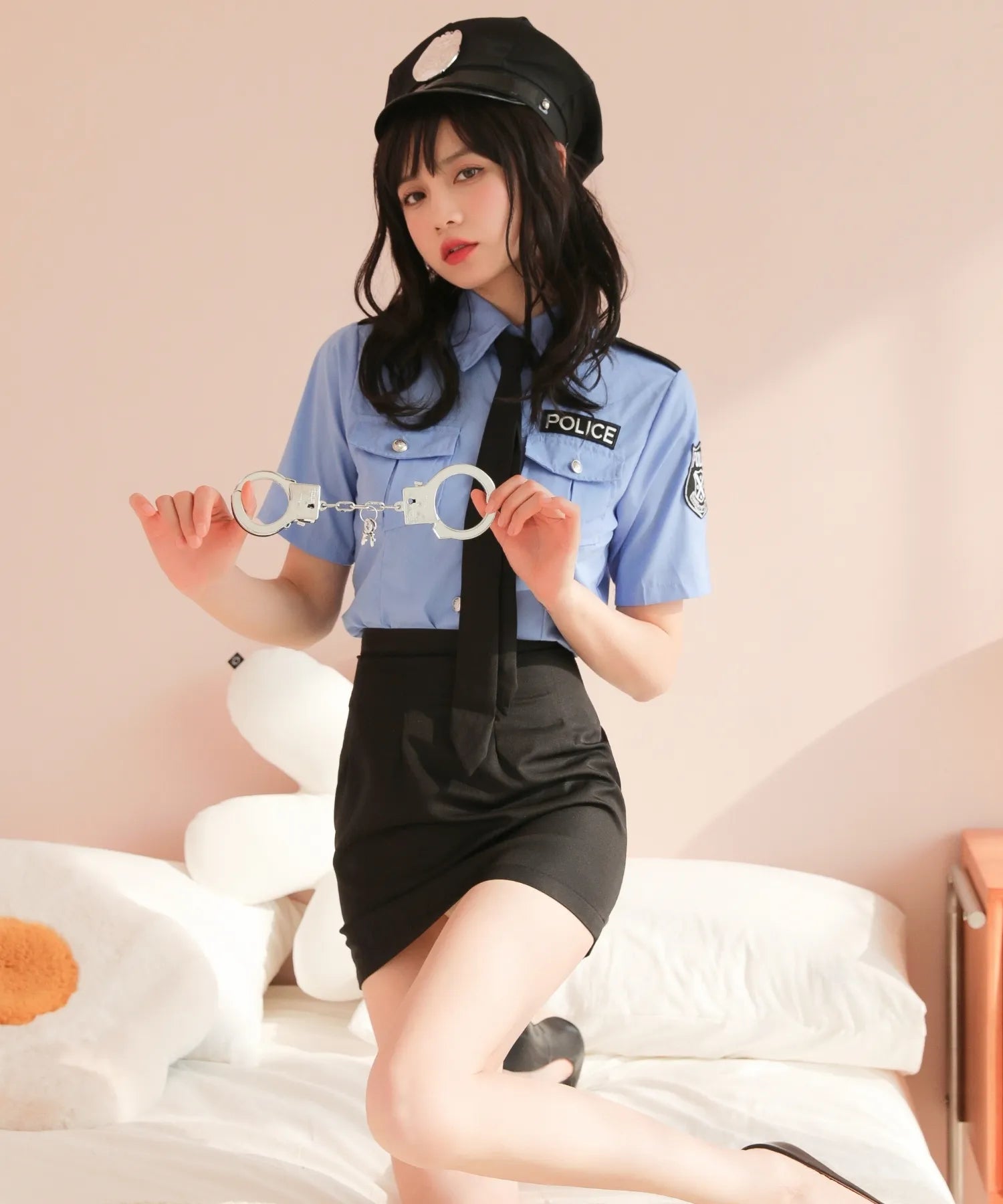台形ミニスカートのサックスカラーポリス
