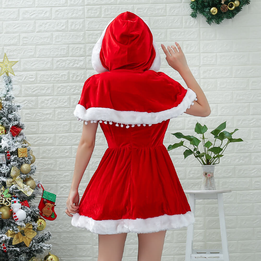 Mini length Santa dress with pompom cape