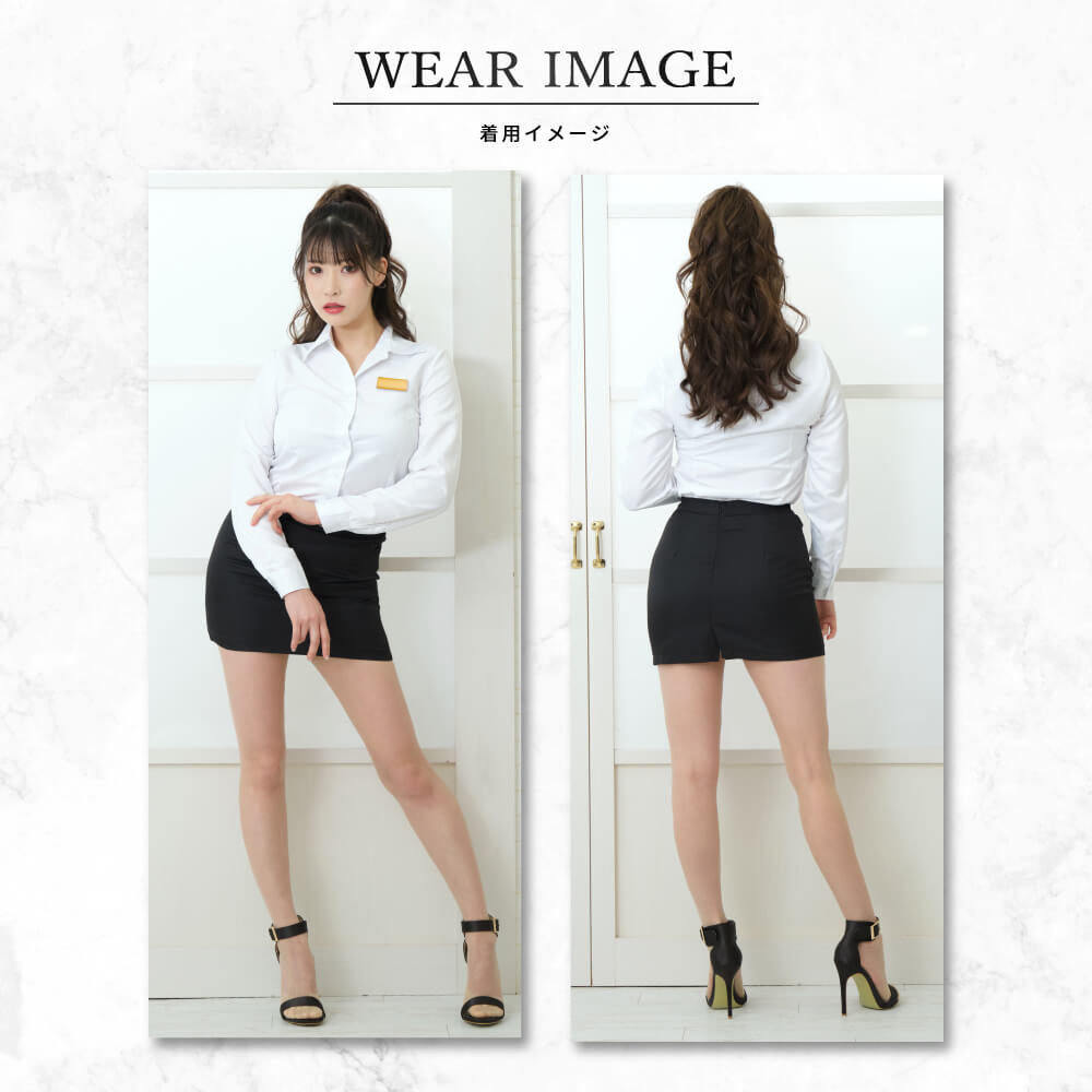 With name tag plate! White shirt and black mini skirt OL style set