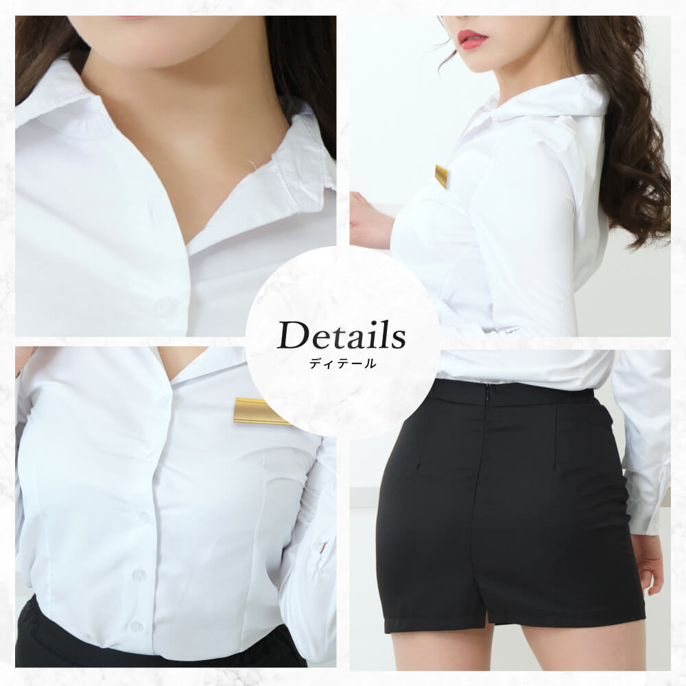 With name tag plate! White shirt and black mini skirt OL style set