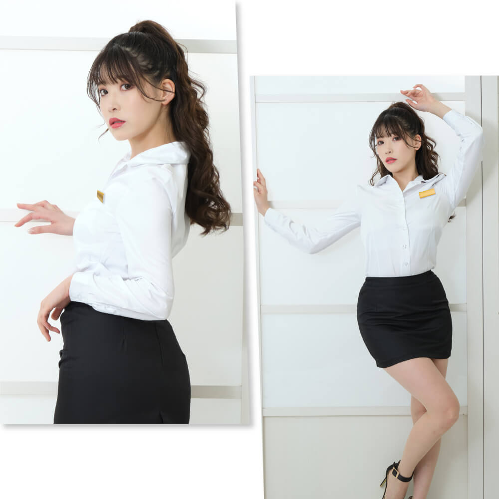 With name tag plate! White shirt and black mini skirt OL style set