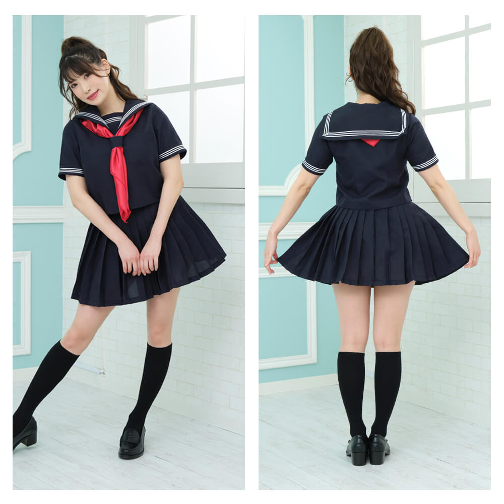 紺×赤スカーフ フロントジップの定番半袖セーラー服