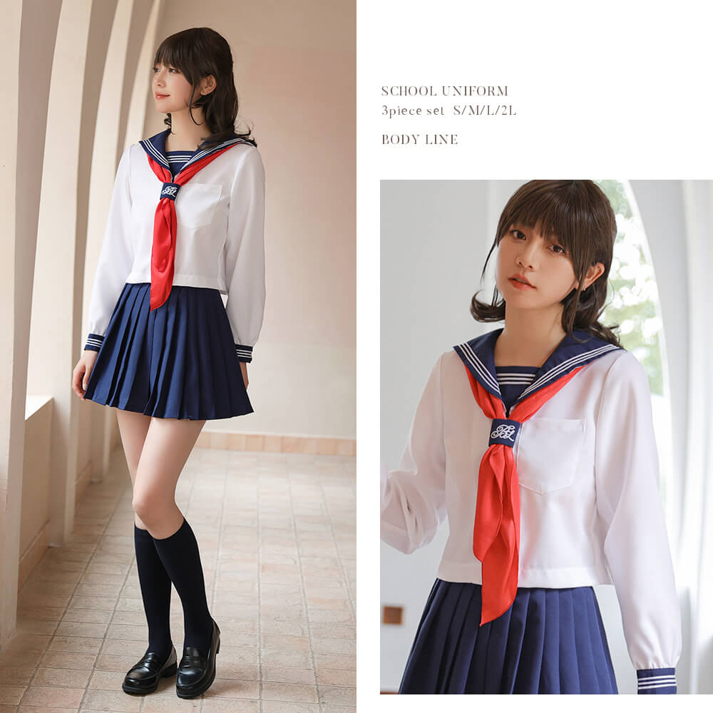 White x navy x red scarf long sleeve sailor uniform