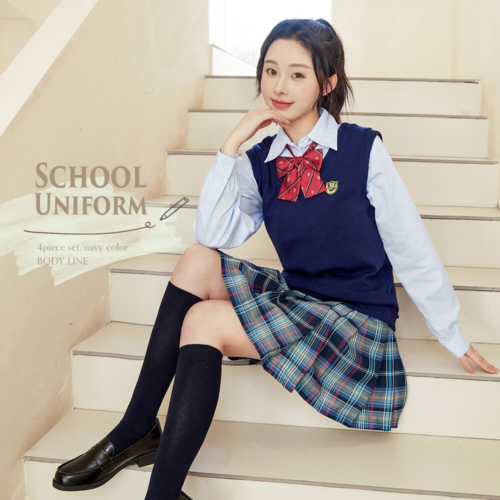 Uniform set of navy blue vest and blue check skirt