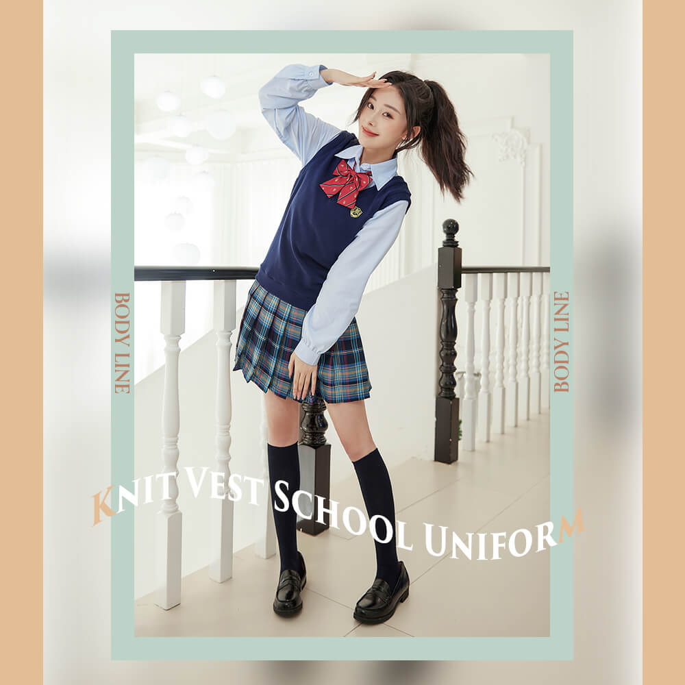 Uniform set of navy blue vest and blue check skirt