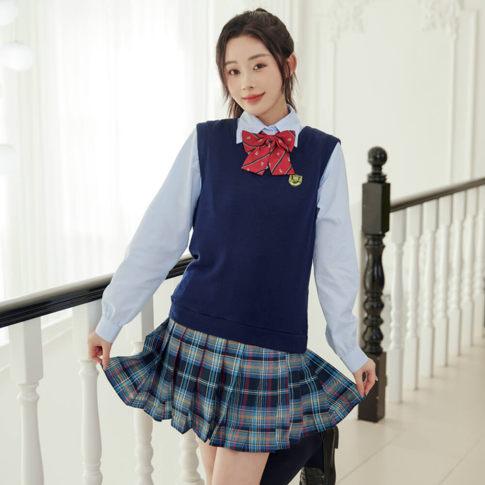 Uniform set of navy blue vest and blue check skirt