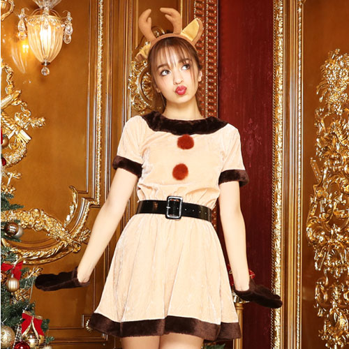 4-piece set with reindeer headband♪Christmas dress