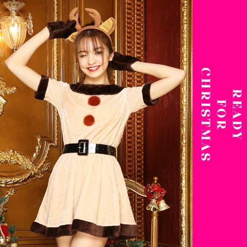 4-piece set with reindeer headband♪Christmas dress