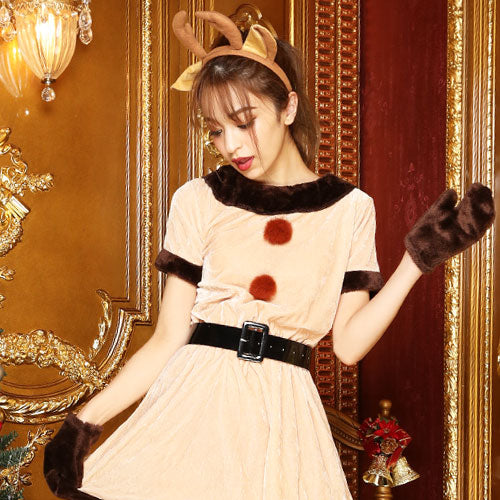 4-piece set with reindeer headband♪Christmas dress