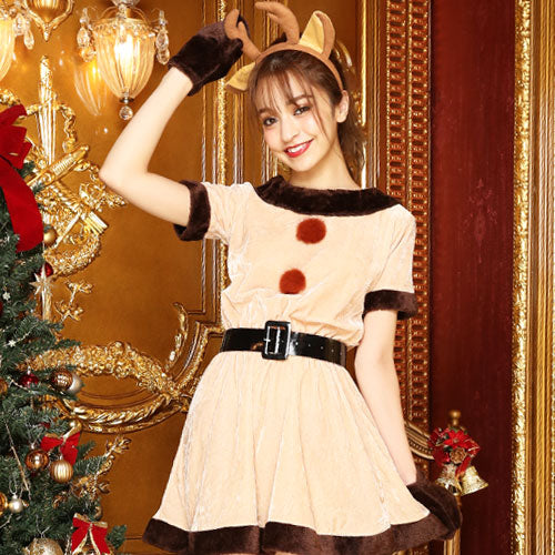 4-piece set with reindeer headband♪Christmas dress