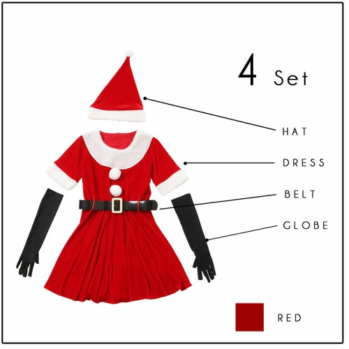 Santa dress 4-piece set with long gloves