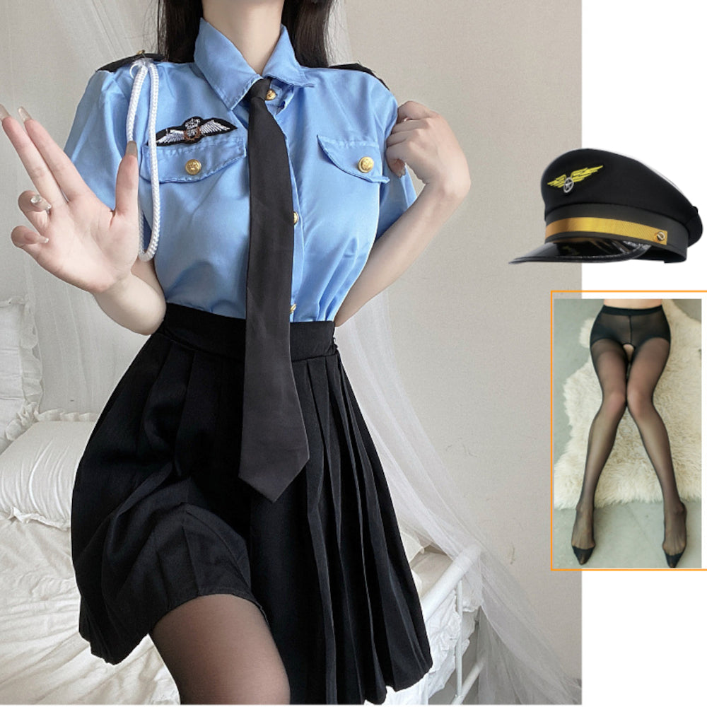 Saxe shirt police with pleated skirt