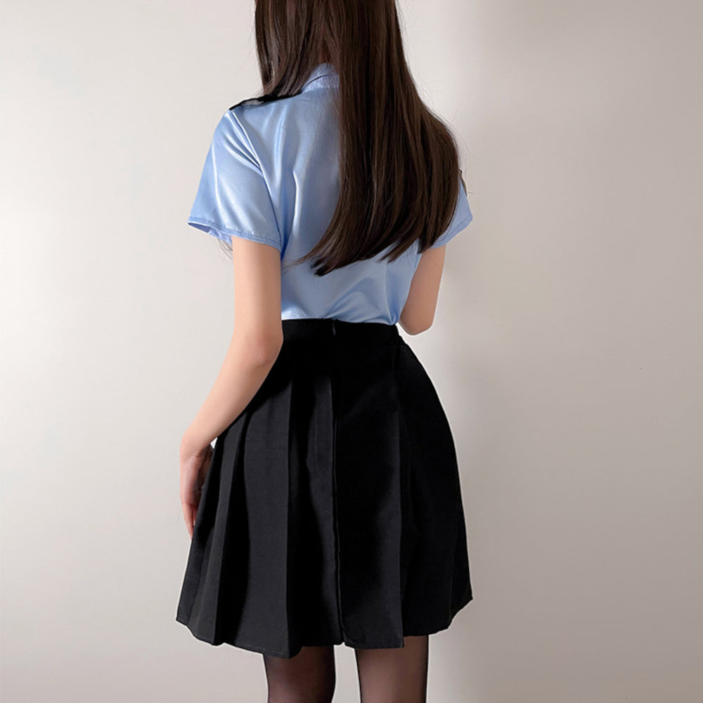 Saxe shirt police with pleated skirt