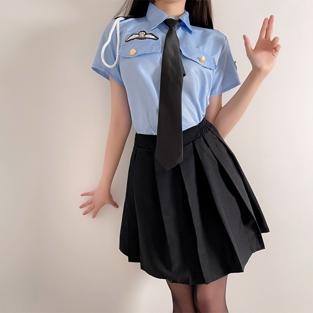 Saxe shirt police with pleated skirt