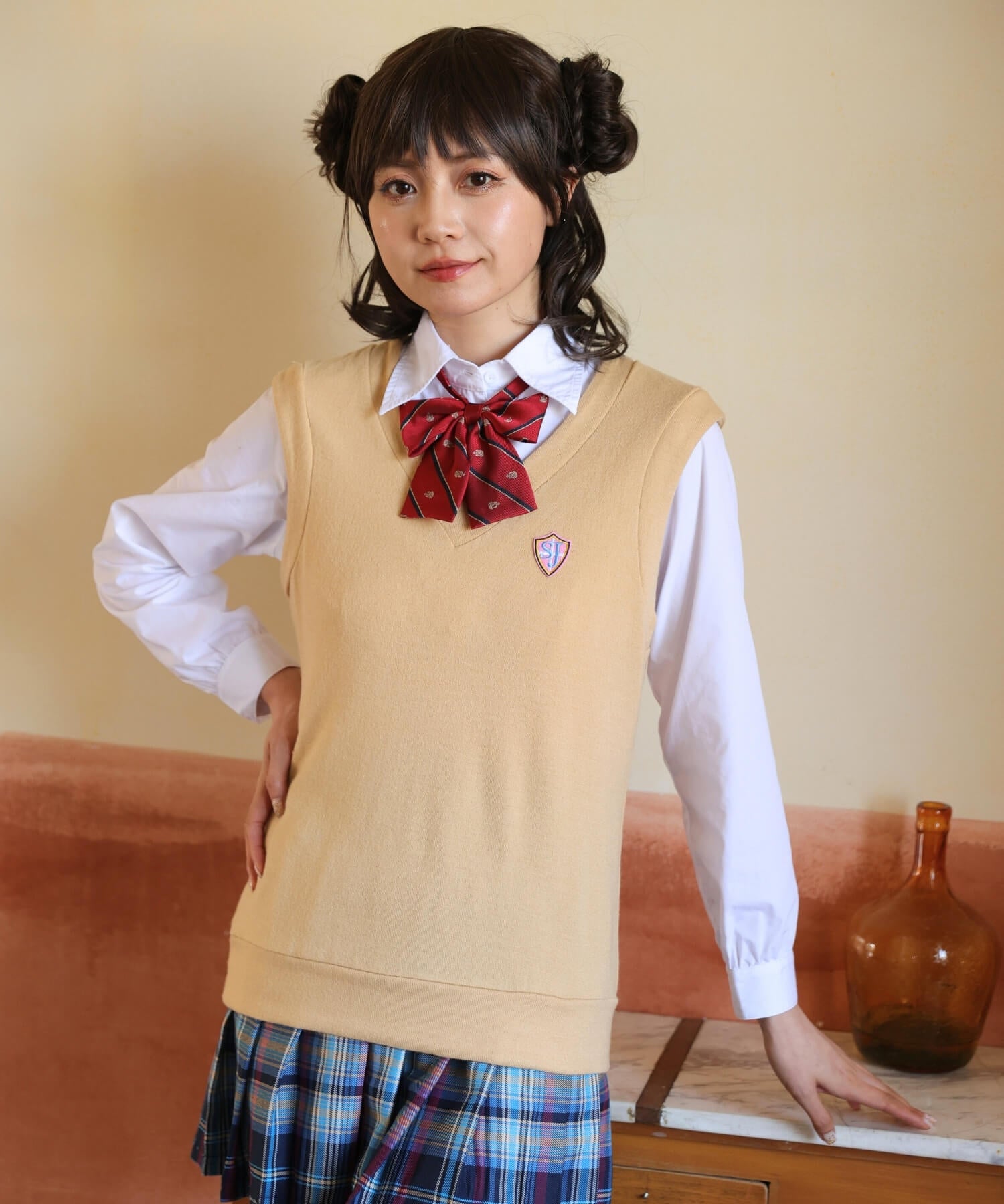 ベスト×ブルーチェックスカート長袖制服セット