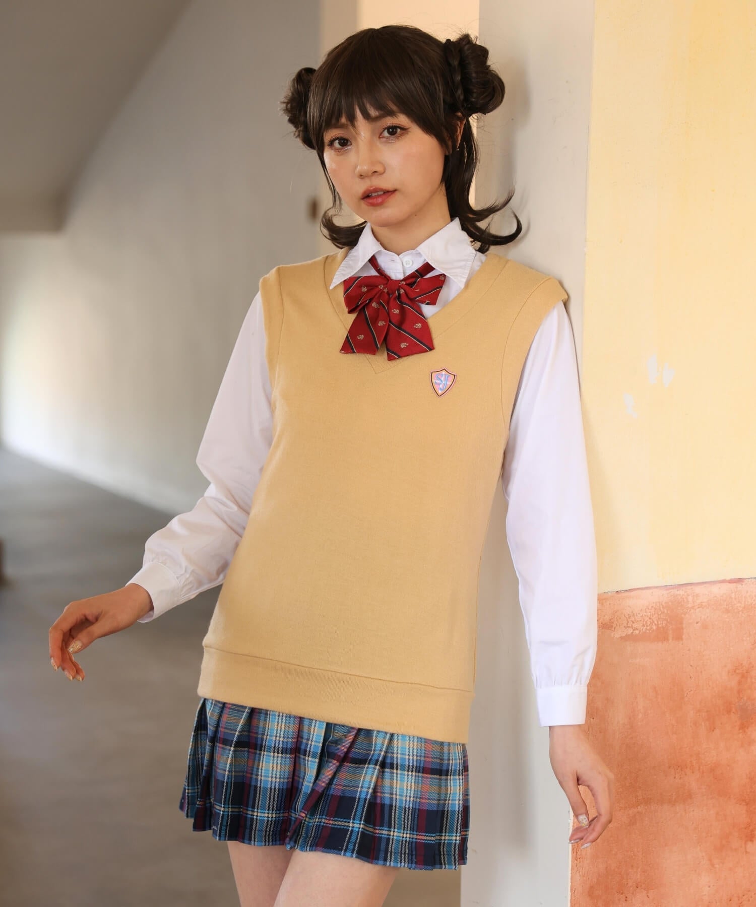 ベスト×ブルーチェックスカート長袖制服セット