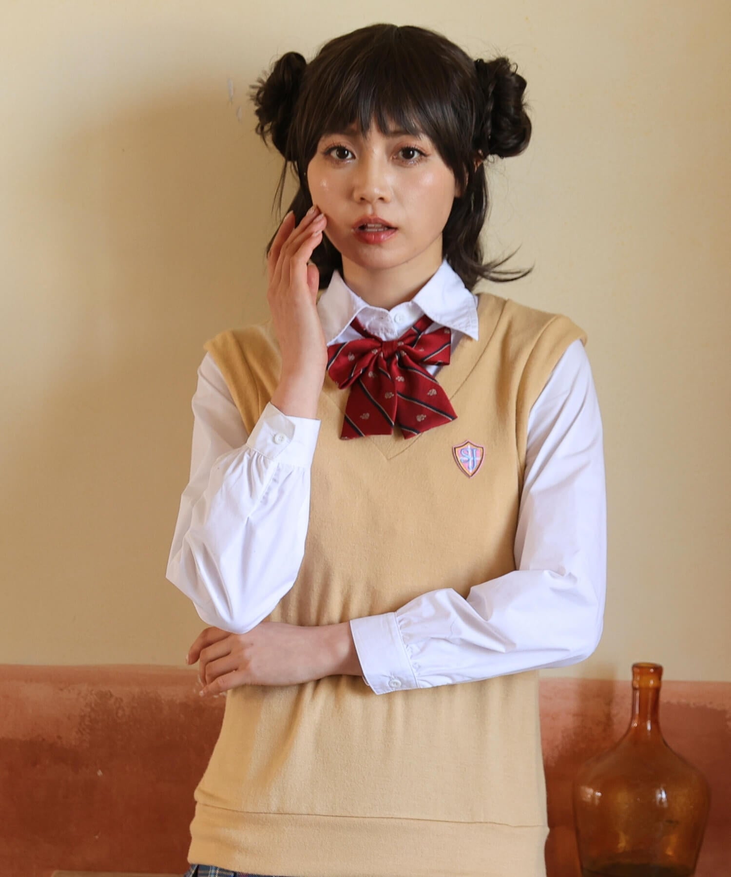 ベスト×ブルーチェックスカート長袖制服セット