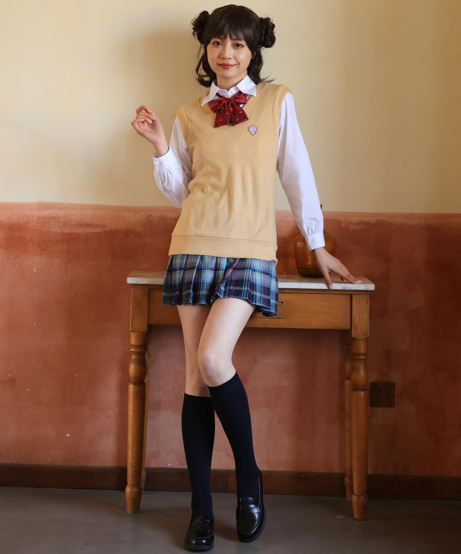 ベスト×ブルーチェックスカート長袖制服セット