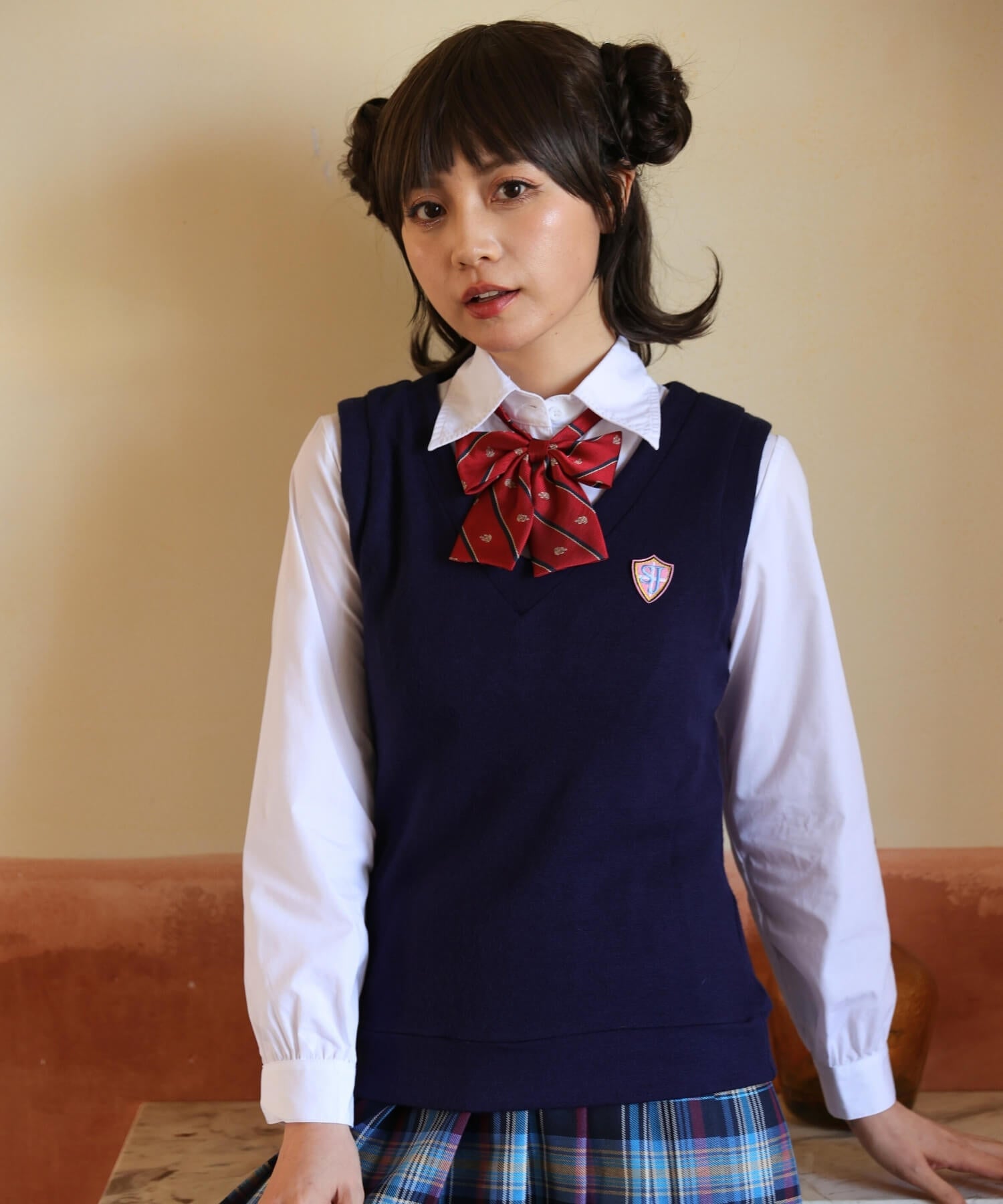 ベスト×ブルーチェックスカート長袖制服セット