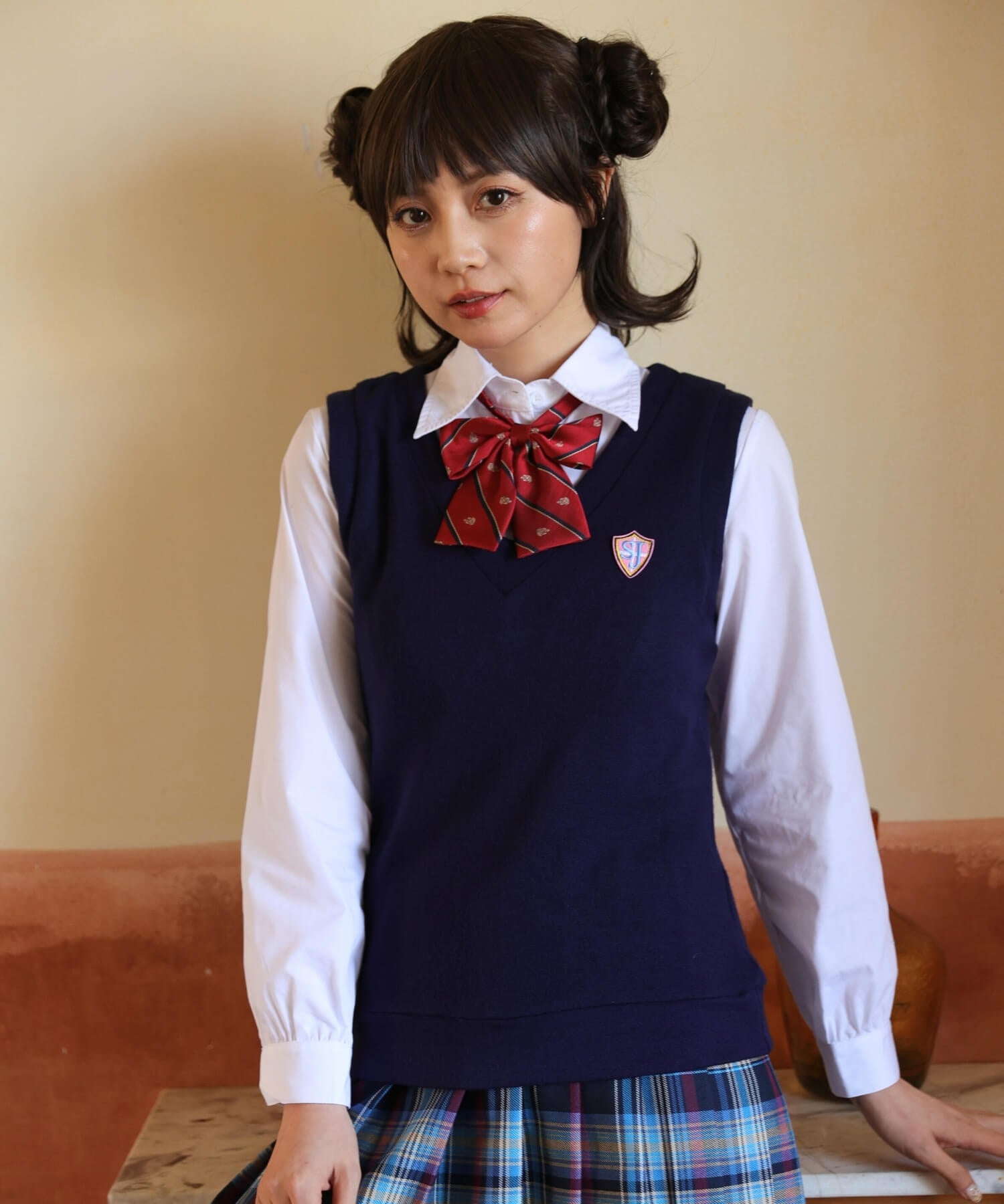ベスト×ブルーチェックスカート長袖制服セット