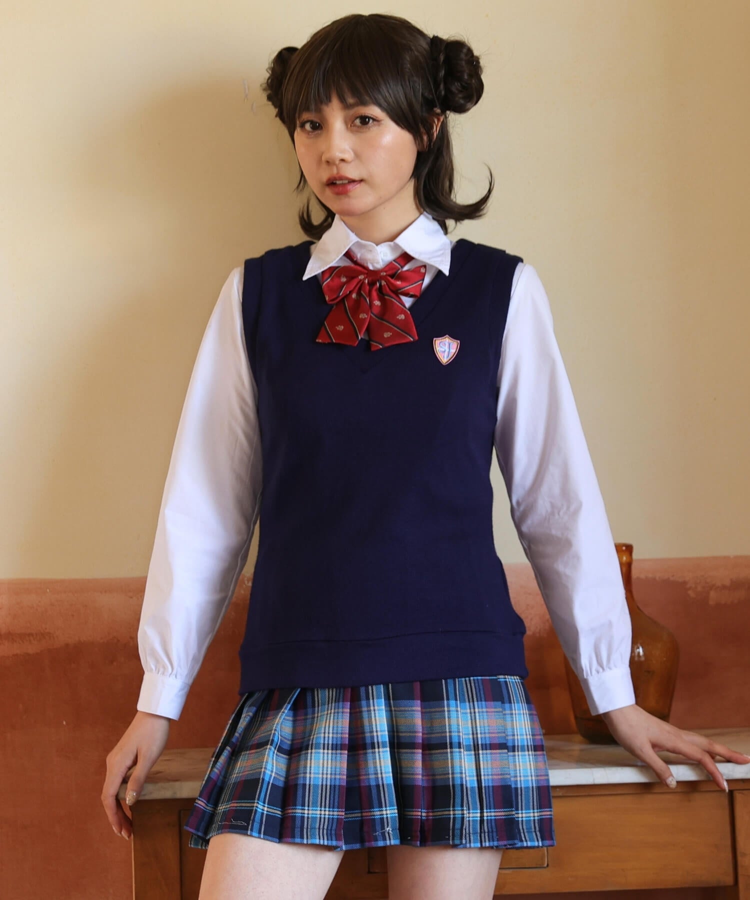 ベスト×ブルーチェックスカート長袖制服セット