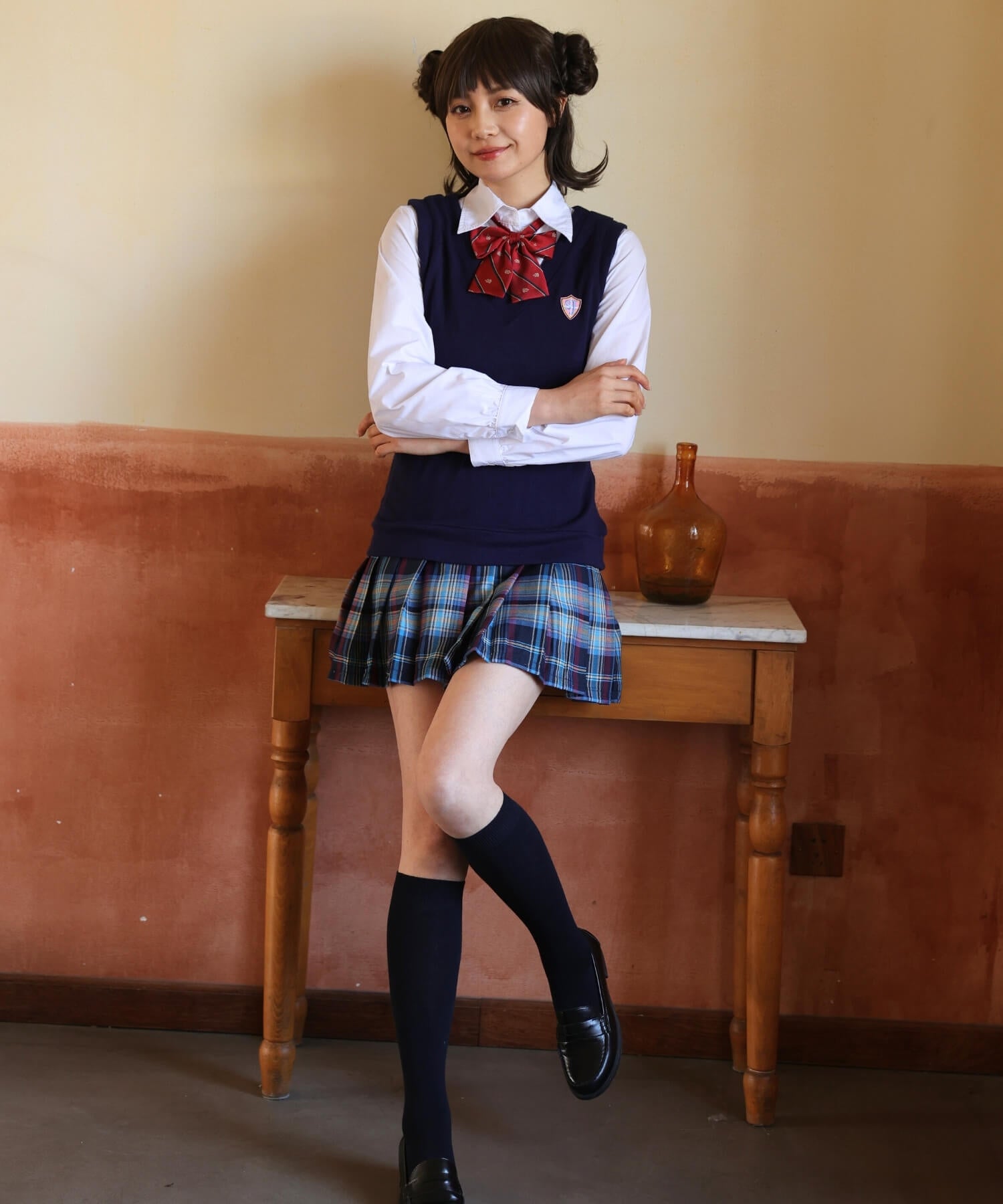 ベスト×ブルーチェックスカート長袖制服セット