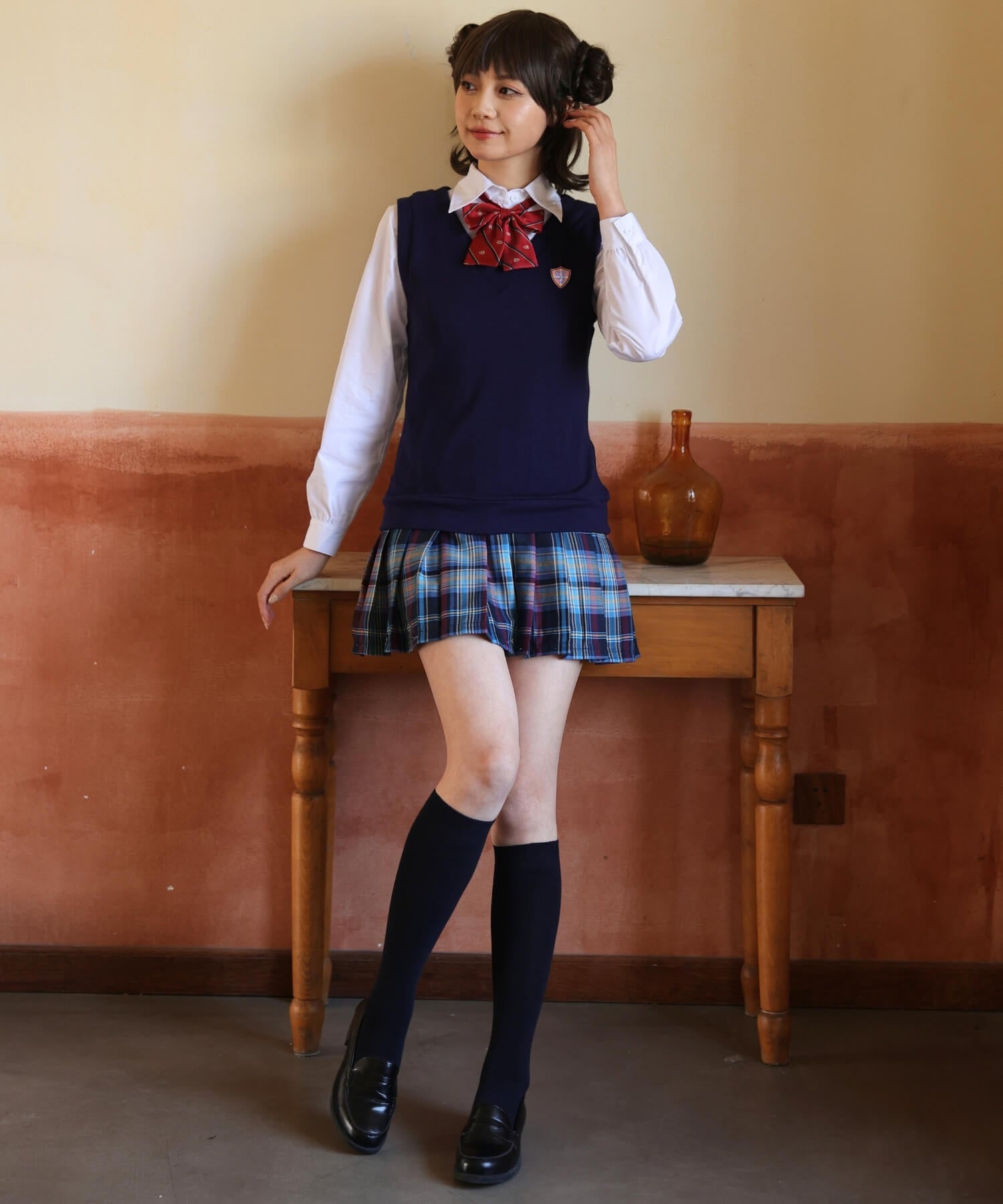 ベスト×ブルーチェックスカート長袖制服セット