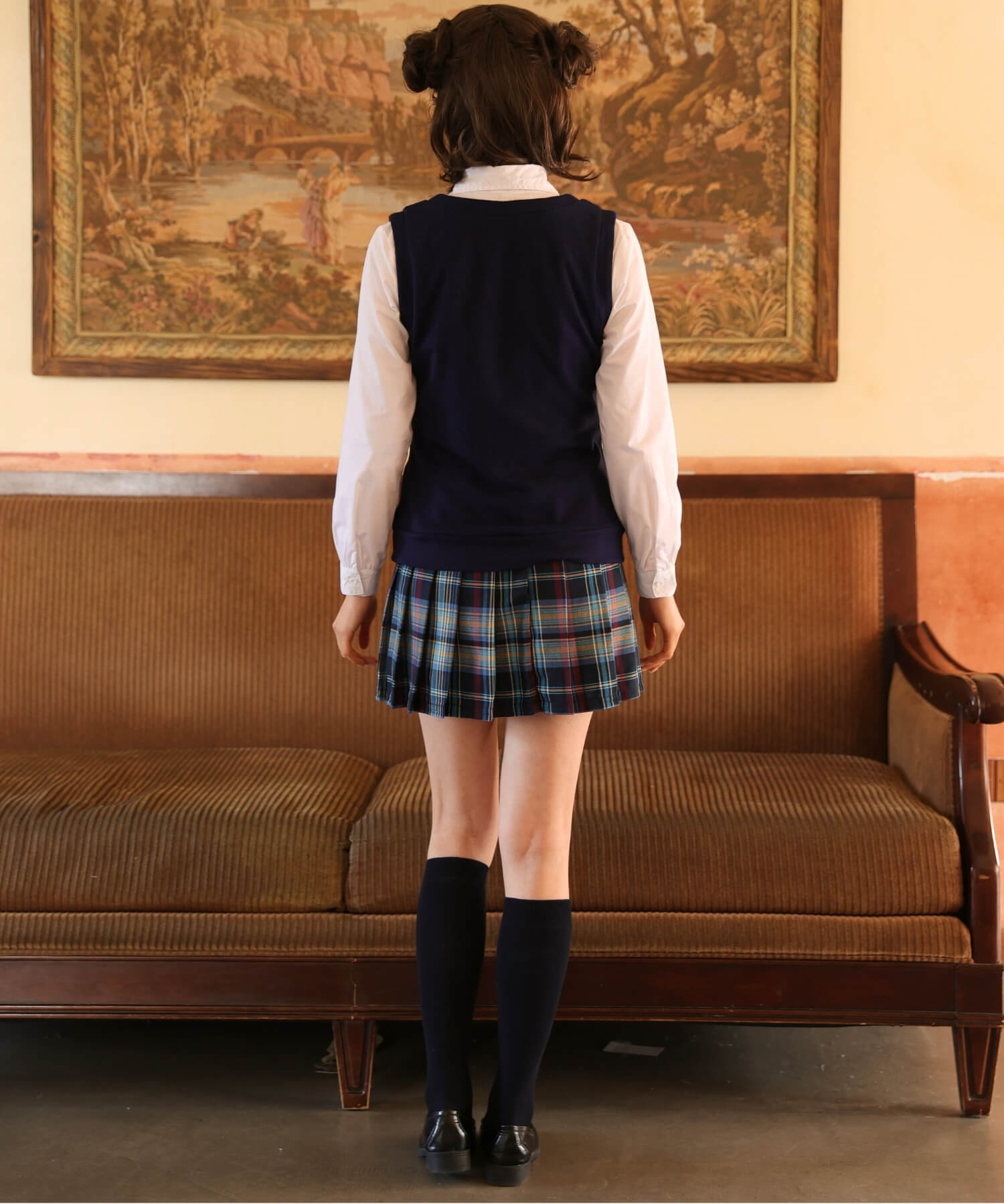 ベスト×ブルーチェックスカート長袖制服セット