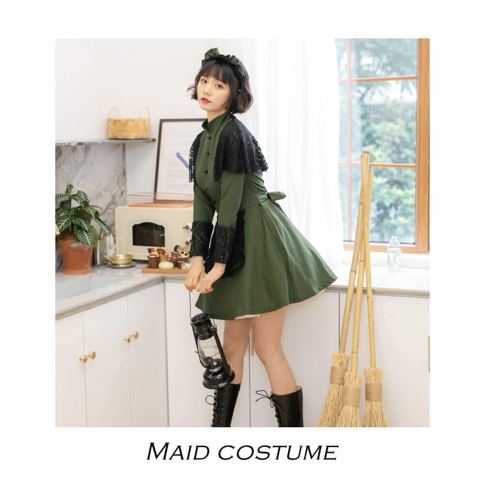 Dark green and black lace mini length Western-style maid