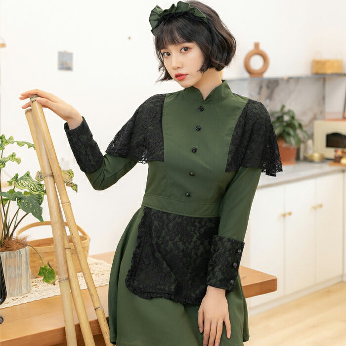 Dark green and black lace mini length Western-style maid