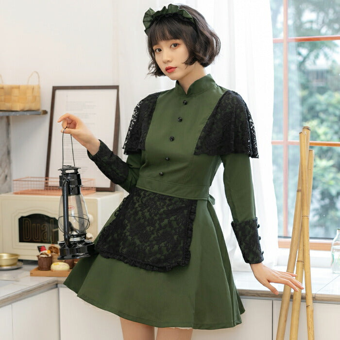 Dark green and black lace mini length Western-style maid