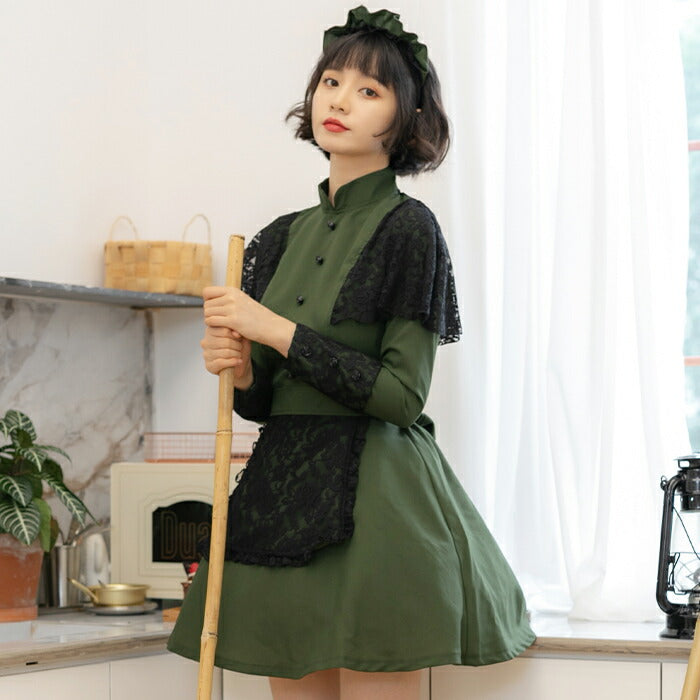 Dark green and black lace mini length Western-style maid