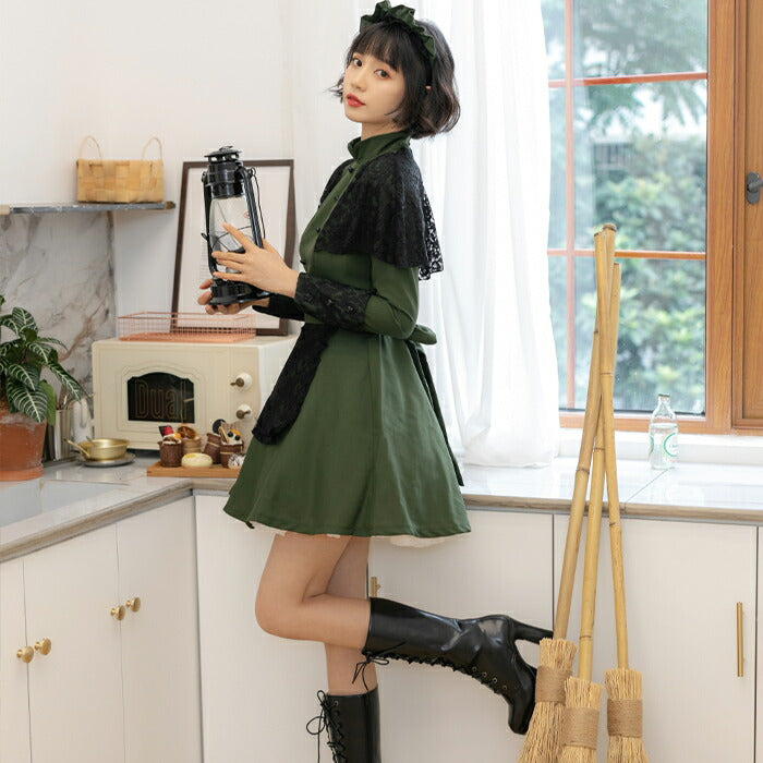 Dark green and black lace mini length Western-style maid