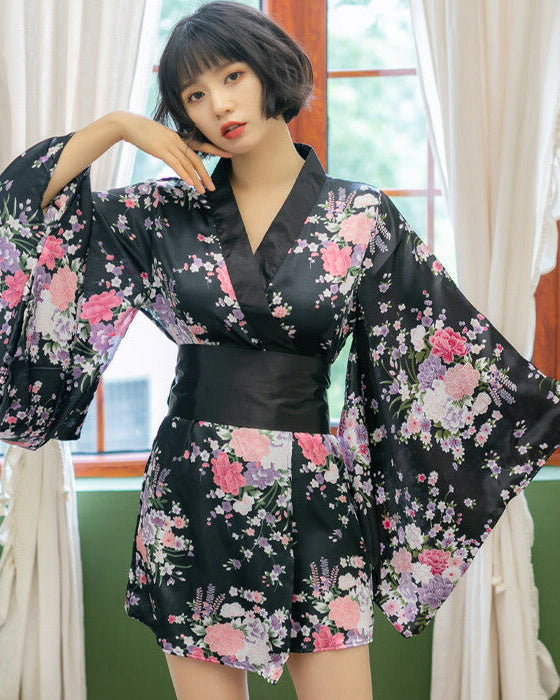 花柄艶々素材の花魁風ミニ和服