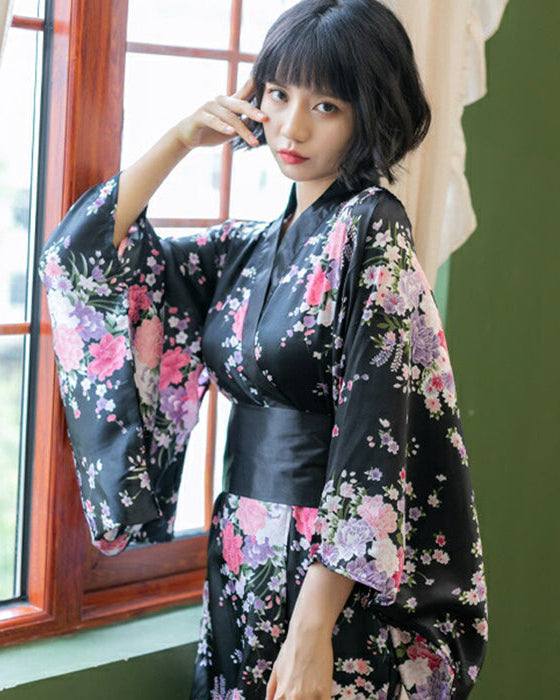 花柄艶々素材の花魁風ミニ和服