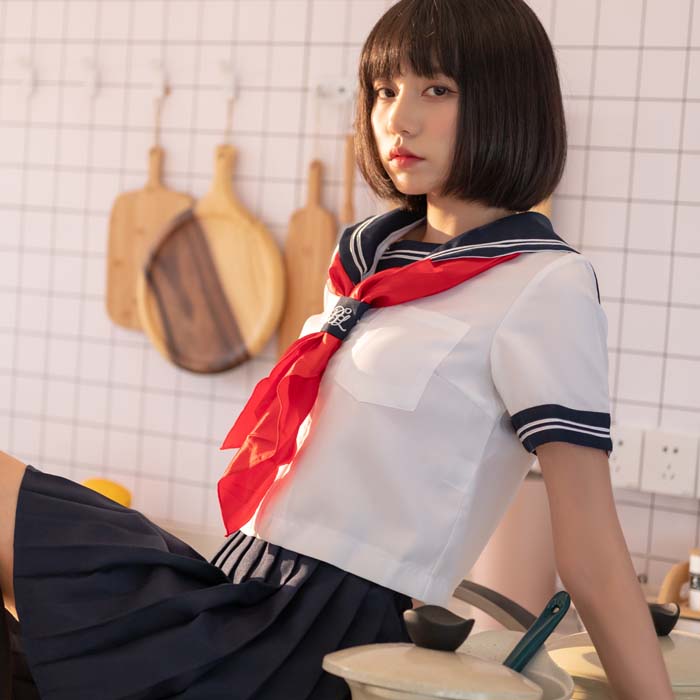 2本ライン 刺繍入り半袖セーラー服