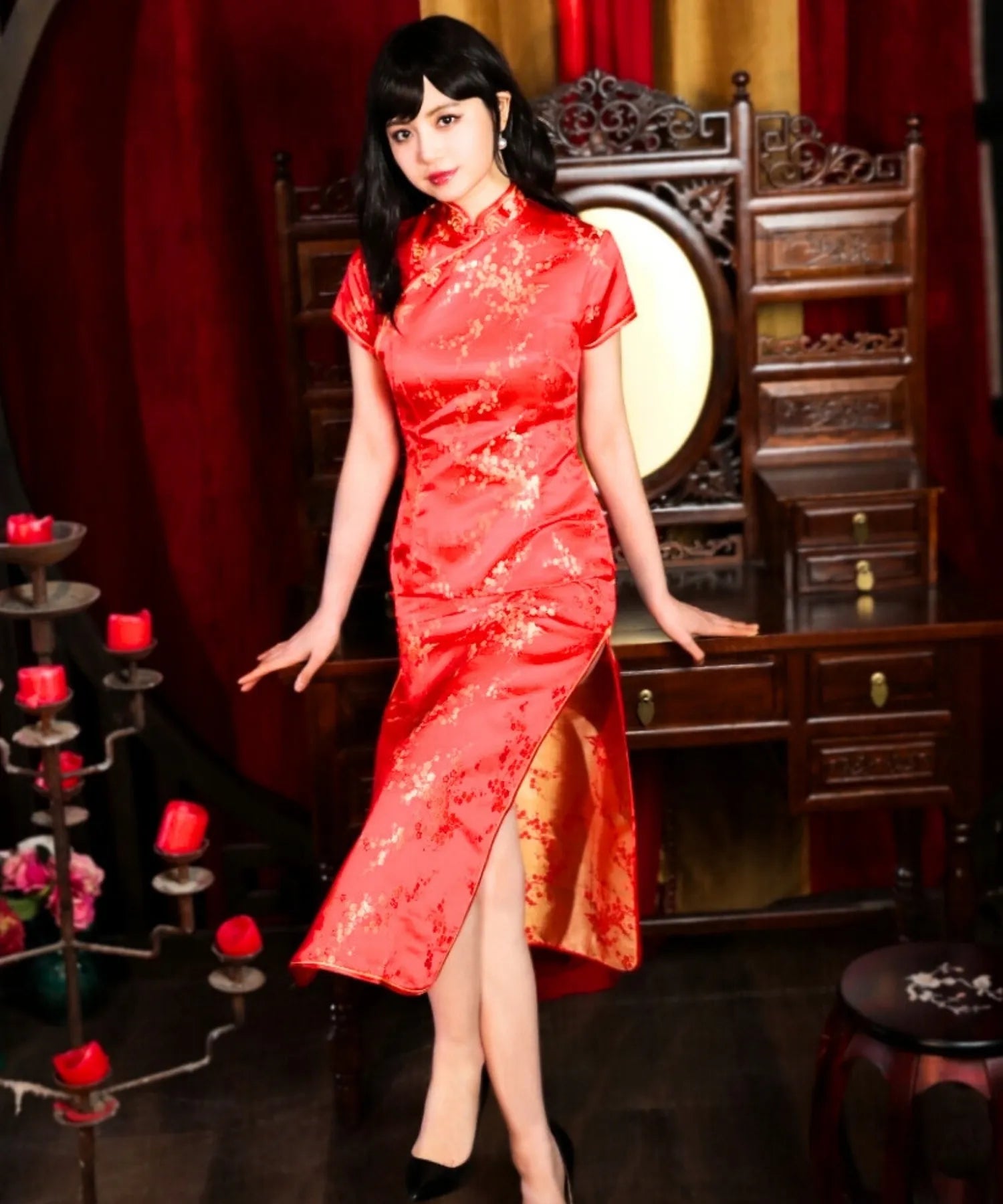 Plum Pattern China Dress -Mini Length Long Length-