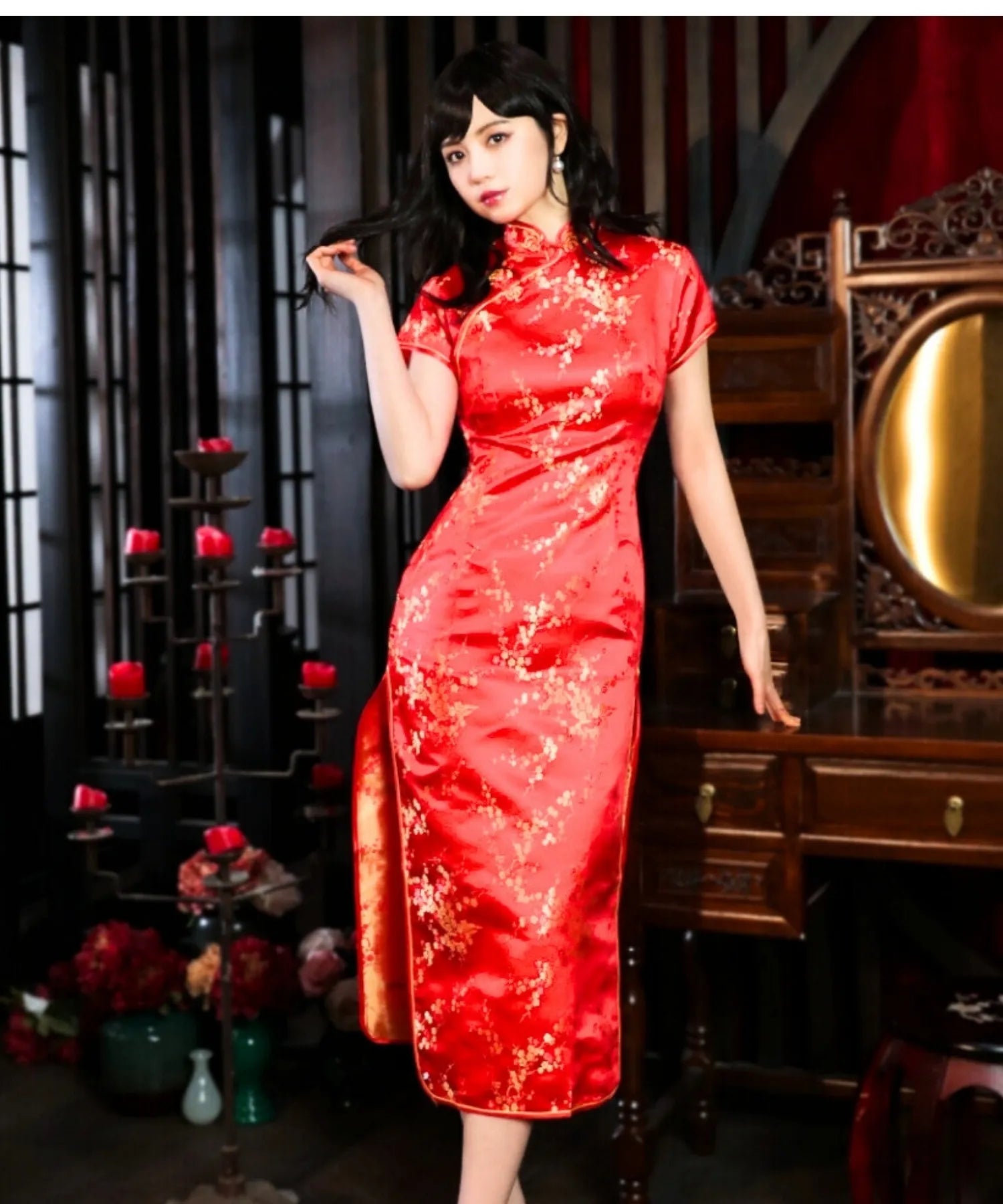 Plum Pattern China Dress -Mini Length Long Length-