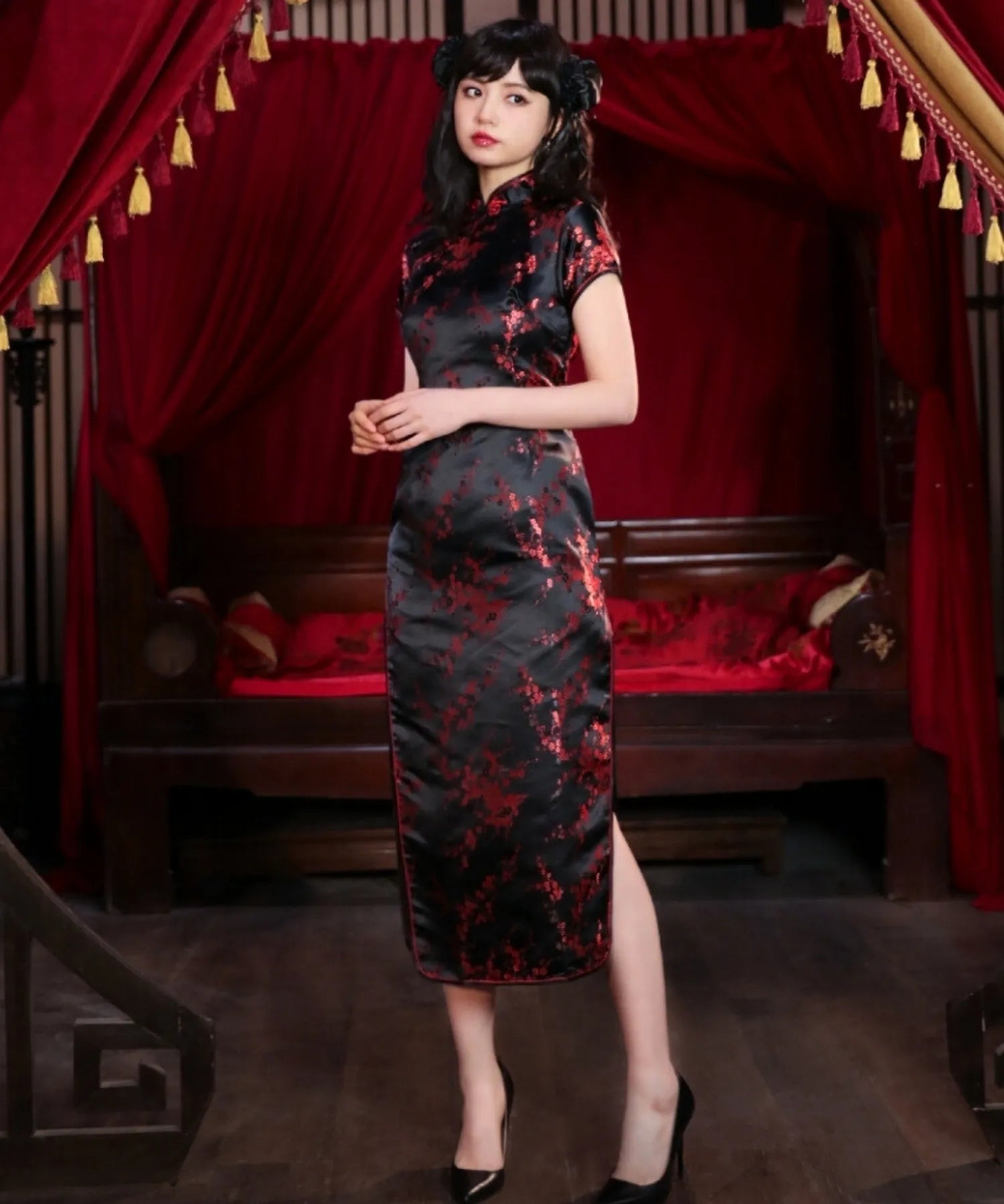 Plum Pattern China Dress -Mini Length Long Length-